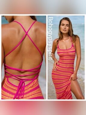 NWT Berlook Boho Pink & Orange Striped Crochet Resortwear Dress